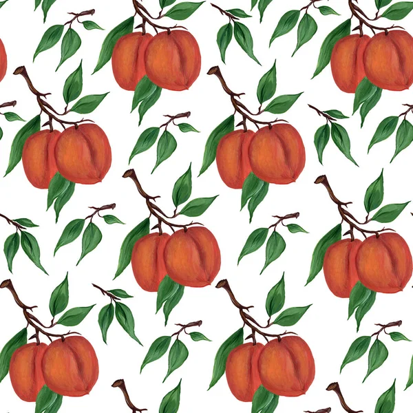 Perziken Vruchten Takken Met Groene Bladeren Een Witte Achtergrond Naadloos — Stockfoto