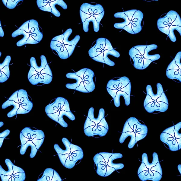 Gigi Biru Dengan Busur Pada Latar Belakang Hitam Pola Mulus — Stok Foto