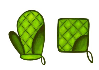 Beyaz arka planda yeşil fırın eldiveni ve fırın eldiveni var. Simge ayarlandı. Suluboya çizimi. Menü tasarımı için, kafe.
