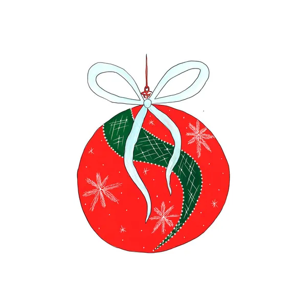 Weihnachtsbaumspielzeug Rote Kugel Mit Grünem Streifen Und Schneeflockenmuster Isoliert Auf — Stockfoto