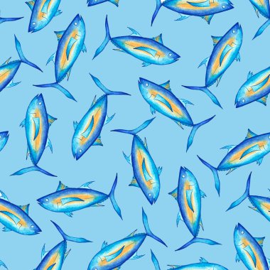 Açık mavi arka planda parlak bir ton balığı. Kusursuz desen. Suluboya çizimi. Deniz balığı. Kumaş, etiket tasarımı ve ambalaj üzerine baskı yapmak için.