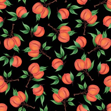 Şeftali ağacının dalları, yeşil yaprakları ve siyah arka planda meyveleri olan kusursuz bir desen. Suluboya el çizimi çizimi. Duvar kağıdı tasarımı, ambalaj, tekstil baskısı için.