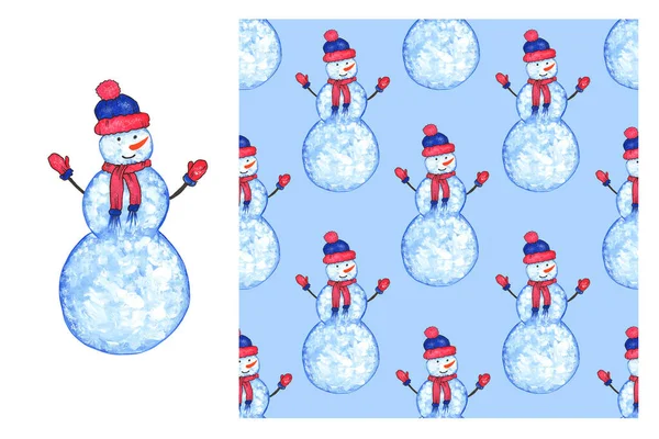 Set - Lindo muñeco de nieve en un sombrero y manoplas sobre un fondo blanco y un patrón sin costuras. Ilustración en acuarela. El invierno. Para el diseño de postales, embalaje festivo. —  Fotos de Stock