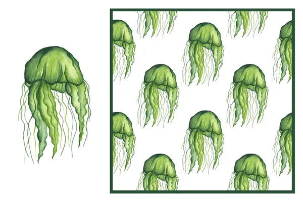 Set - zöld medúza elszigetelt fehér háttér és zökkenőmentes mintát. Tengerészek. tapétára, textilre, csomagolópapírra, szövetmintára. Akvarell illusztráció. — Stock Fotó