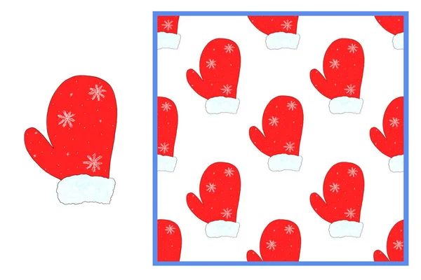 セット かわいいクリスマスサンタ赤はパターンと毛皮とシームレスなパターンでミトン 水彩手描きイラスト 休日カードのデザインのために — ストック写真