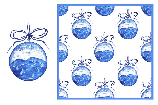 Ensemble boule bleue de Noël avec arc et terrain peint et motif de vacances sans couture avec cette boule, et isolé sur un fond blanc. Illustration aquarelle. Pour la conception de cartes de vacances. — Photo