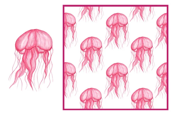 Set - brilhante rosa bonito medusa com tentáculos longos isolados no fundo branco e padrão sem costura. ilustração aquarela desenhada à mão. Natureza marinha, vida subaquática dos animais. — Fotografia de Stock
