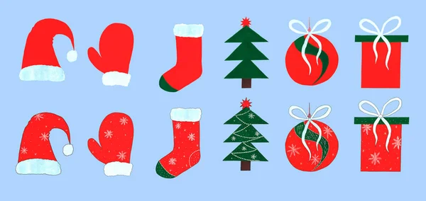 Набор рождественских праздничных символов - Санта-Елка, шляпа, варежка и носок, подарочная коробка и мяч. Иконы. Акварель. Новый год. Для оформления открыток. — стоковое фото