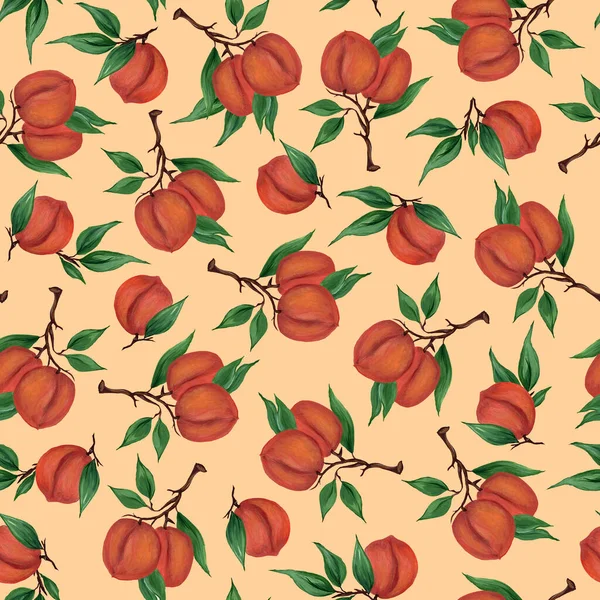 Naadloos patroon met takken en vruchten van perziken, nectarines, abrikozen. Sappige vruchten met bladeren op een delicate achtergrond. Aquarel hand getekend illustratie. Voor textiel, verpakking. — Stockfoto