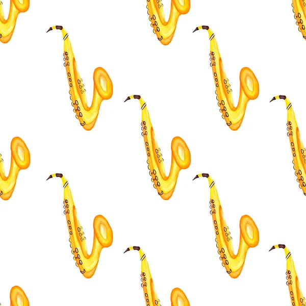 Gelbe Saxophone auf weißem Hintergrund. Nahtloses Muster. Musik. Jazz. Aquarell-Illustration. Für die Gestaltung von Bannern, Textilien. — Stockfoto