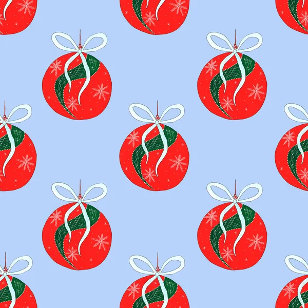 ライトブルーの背景に弓で飾られたストライプと雪の結晶のパターンを持つ赤いクリスマスボール。ヴィンテージスタイルのシームレスなパターン。絵葉書のデザインについて. — ストック写真