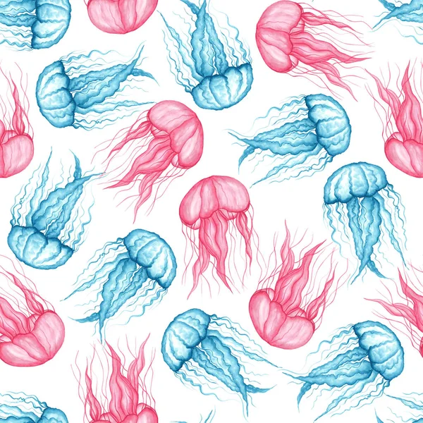 Nahtloses Muster mit blauen und rosa Quallen auf weißem Hintergrund. Aquarell handgezeichnete Illustration. Meeresbewohner. Für Textilien. Tapete. — Stockfoto