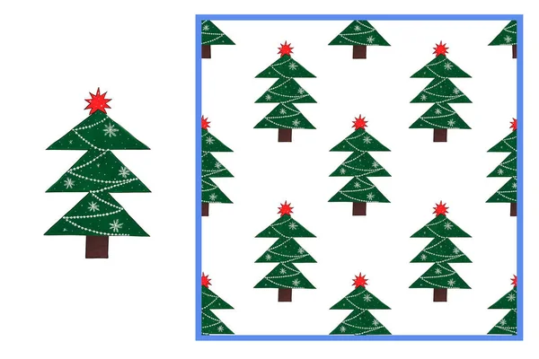 セット 白い背景とシームレスなパターンに隔離されたガーランド スター スノーフレークを持つお祝いのクリスマスツリー 水彩イラスト 絵葉書のデザインについて — ストック写真