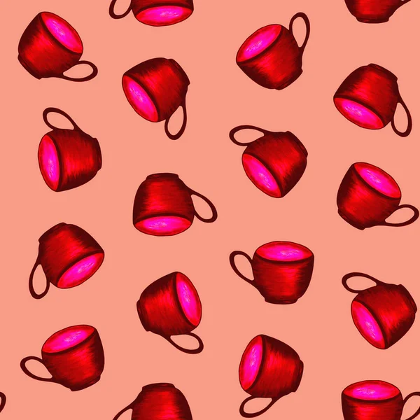 Nahtloses Muster Mit Leuchtend Roten Teetassen Auf Rosa Hintergrund Teezeit — Stockfoto