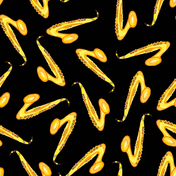 Gelbe Saxophone Auf Schwarzem Hintergrund Nahtloses Muster Aquarell Handgezeichnete Illustration — Stockfoto