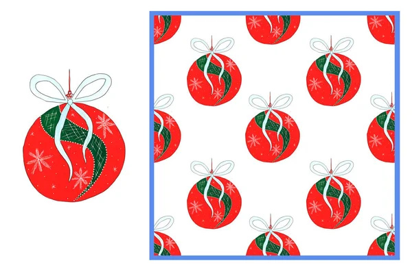 Set - Bola de Natal vermelho, decorado com arco e flocos de neve, isolado no fundo branco e padrão sem costura. Para papel de parede, papel de presente, têxteis, cartões de felicitações para o Natal e Ano Novo. — Fotografia de Stock