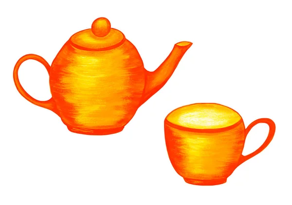 Set van sinaasappelthee. Theepot en beker. Geïsoleerde aquarelillustratie op een witte achtergrond. Theetijd. Voor menu-ontwerp, cafe decoratie. — Stockfoto