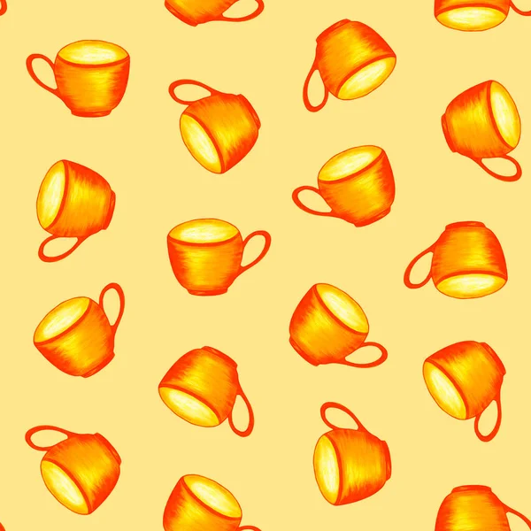 Nahtloses Muster mit niedlichen orangefarbenen Tassen auf hellem Hintergrund. Aquarell-Illustration. Gerichte. Für Küchenstoffe, Verpackungen, Textilien, Tapeten. — Stockfoto