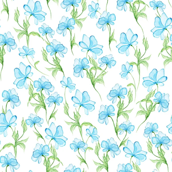 Λεπτά μπλε λουλούδια με πράσινα φύλλα σε λευκό φόντο. Απρόσκοπτο μοτίβο. Βοτανική ακουαρέλα απεικόνιση. Για υφάσματα, ταπετσαρίες, σχέδια συσκευασίας. — Φωτογραφία Αρχείου