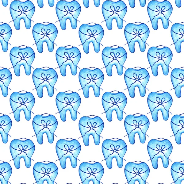 Sömlöst mönster med söta tänder dekorerade med en båge på en vit bakgrund. Akvarell illustration. Tandvård. Medicin. För förpackningsdesign, textil. — Stockfoto