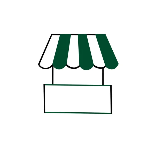 Canopy, stall, pavilion with green and white stripes on the roof isolated on white background. Shop window, mini-market. Flat facade. Shopping icon. — Stock Photo, Image