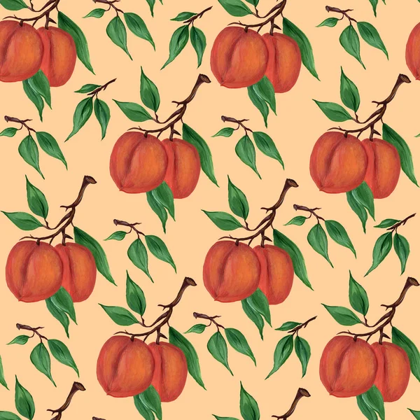 Rijp vruchten van perziken, nectarines, abrikozen op takken met groene bladeren op een licht beige, crème achtergrond. Naadloos patroon. aquarel met de hand getekend illustratie. Voor het bedrukken op stof, verpakking. — Stockfoto