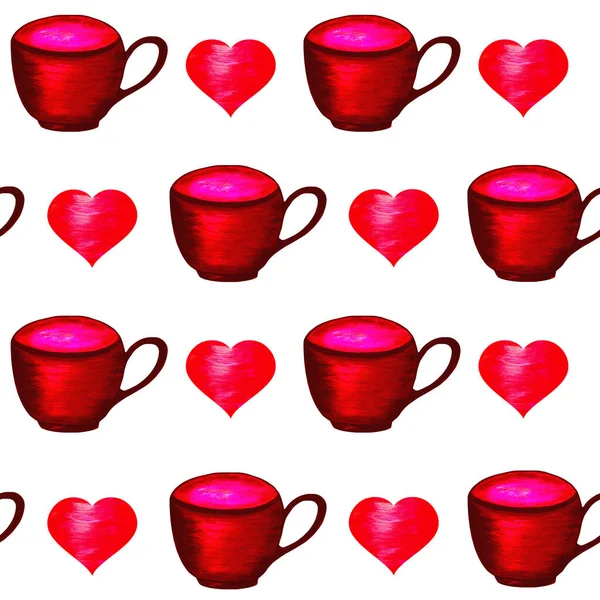 Piros teáscsészék és fényes szívek fehér háttérrel. Zökkenőmentes minta. Akvarell kézzel rajzolt illusztráció. Valentin-napi kártyák tervezéséhez, esküvő, textíliák, ajándék csomagolópapír. — Stock Fotó