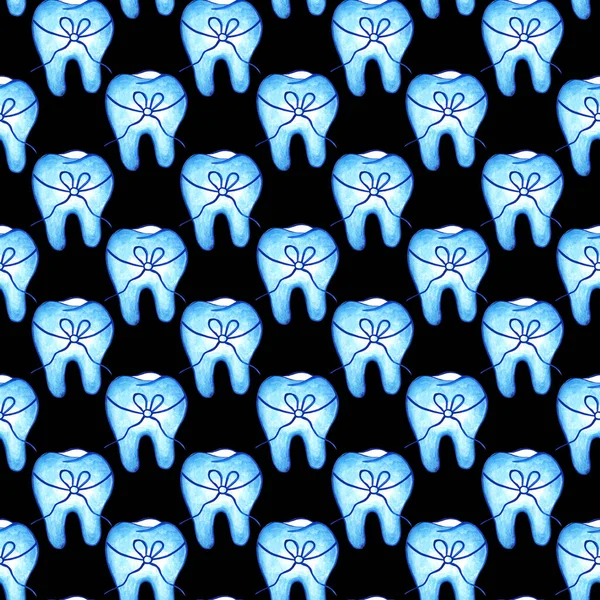 Seamless Pattern Light Blue Teeth Decorated Bow Black Background Watercolor — Stock Photo, Image