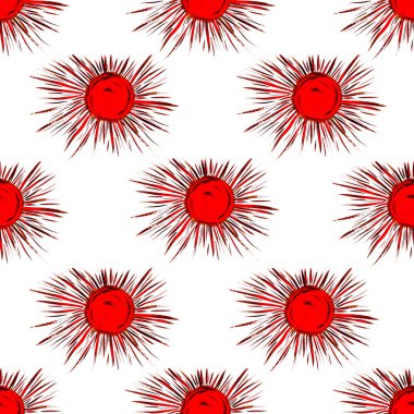 Beyaz arka planda kırmızı soyut güneş. Kusursuz desen. Suluboya el çizimi çizimi. Duvar kağıdı, tekstil için.