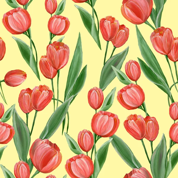 Bright Bouquets Red Tulips Green Leaves Yellow Background Floral Seamless — Stockfoto