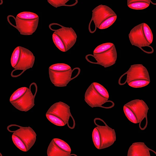 Pola mulus dengan cangkir teh merah terang di latar belakang hitam. Ilustrasi warna air. Hidangan untuk minuman panas. Untuk pencetakan pada kain, desain menu, kafe. — Stok Foto