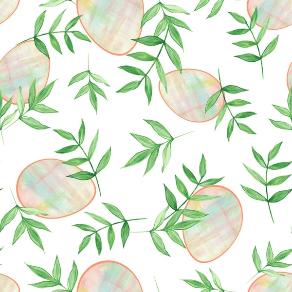 Paaseieren en groene bladeren op een witte achtergrond. Naadloos patroon. Aquarelillustratie. Voor textiel, verpakking, postkaarten. — Stockfoto