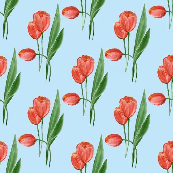 Floral seamless pattern with red tulips on a blue background. tulips. Watercolor botanical illustration. For fabric, wallpaper, postcards. — Stockfoto