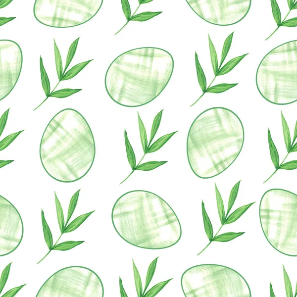 Easter eggs with an abstract pattern and green leaves on a white background. Seamless pattern. Watercolor illustration. For textiles, gift wrapping. — стоковое фото