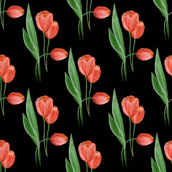 Red Tulips Green Leaves Black Background Spring Flowers Seamless Pattern — Stok fotoğraf