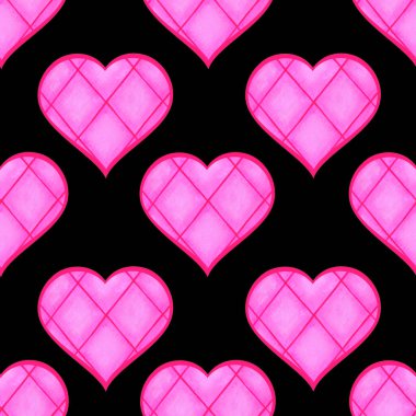 Checkered pink hearts on a black background. Seamless pattern. Watercolor illustration. Valentine. Love. For textiles, postcards, wedding invitations.