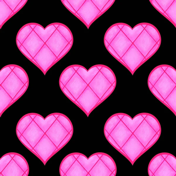 黒を背景にピンクのハートをチェック。シームレスなパターン。水彩イラスト。バレンタインだ。愛だ。織物、ポストカード、結婚式の招待状. — ストック写真