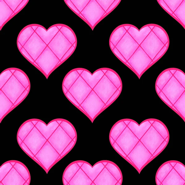 Checkered pink hearts on a black background. Seamless pattern. Watercolor illustration. Valentine. Love. For textiles, postcards, wedding invitations. — ストック写真