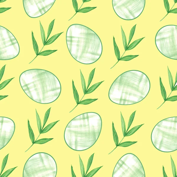 Зеленые Пасхальные Яйца Ветви Листьями Желтом Фоне Бесшовный Шаблон Акварель — стоковое фото