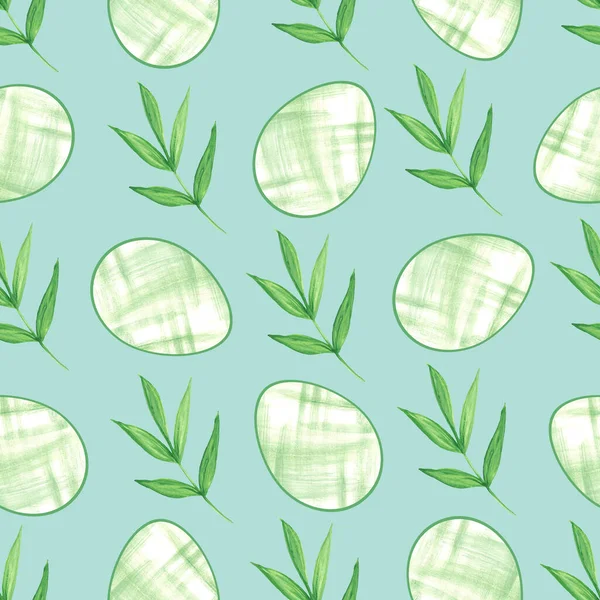 Paaspatroon met eieren, groene bladeren en takken op een lichtblauwe achtergrond. Aquarelillustratie. Naadloze achtergrond voor stof, behang, ansichtkaarten, pakpapier, verpakking. — Stockfoto