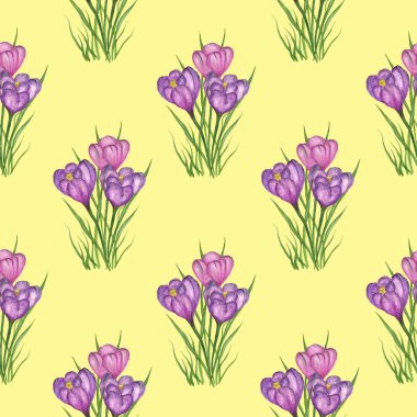 Sarı arka planda mor ve pembe timsah desenleri var. Bahar çiçekleri. Suluboya çizimi. Kumaş, ambalaj tasarımı, kartpostallar üzerine baskı yapmak için.