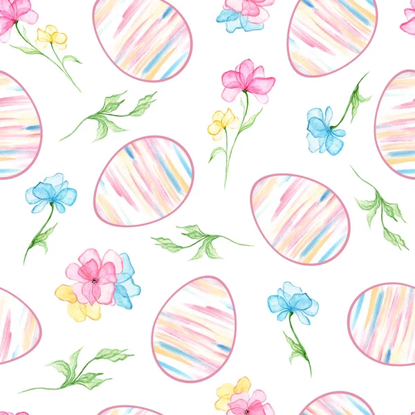 Padrão sem costura Páscoa com ovos, flores delicadas e folhas em um fundo branco. Design de primavera em cores rosa e azul. Ilustração aquarela. Para têxteis, cartões, cartazes, convites. Imagens Royalty-Free