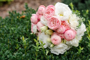 Şirin, narin bir düğün buketi pembe şakayık ve beyaz Eustoma çiçeklerinin yeşil yapraklardan oluşan bir arka planda yakın plan görüntüsü..