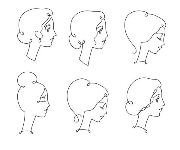 Set of line art woman portraits, romantic profile portrait. Different hairstyle. Simple logo for beauty salon. — Stock Vector