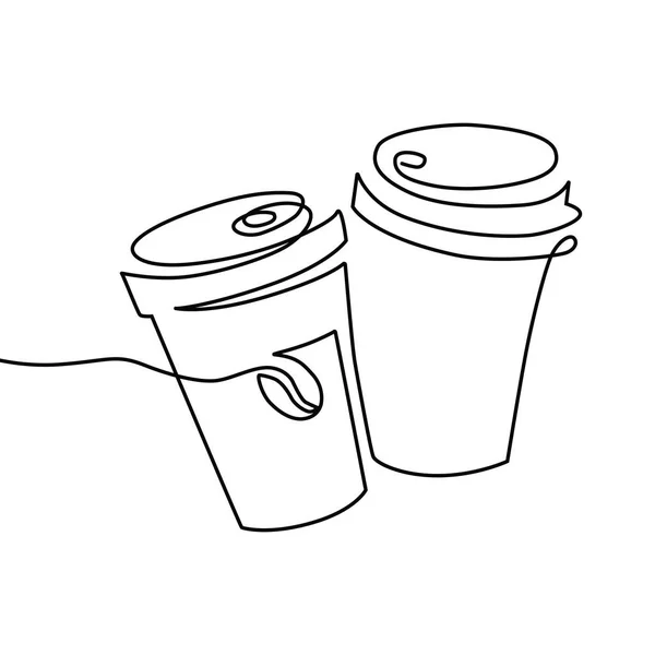 Copo de arte linha de bebida quente, duas xícaras lineares de café para levar. Logótipo desenhado à mão. —  Vetores de Stock