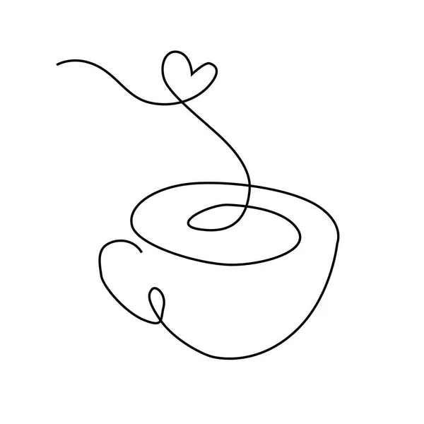 Copo de arte linha de bebida quente, xícara linear de café com vapor em forma de coração. Logótipo desenhado à mão. — Vetor de Stock