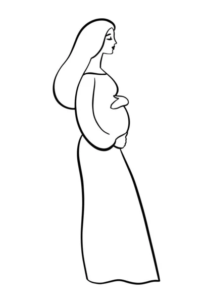 손으로 서 있는 임산부, 배에 손을 얹은 초상화. 어머니가 되기 위한 조화 — 스톡 벡터