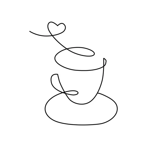 Copo de arte de linha de bebida quente, copo linear com vapor em forma de coração. Ilustração para o logotipo. — Vetor de Stock