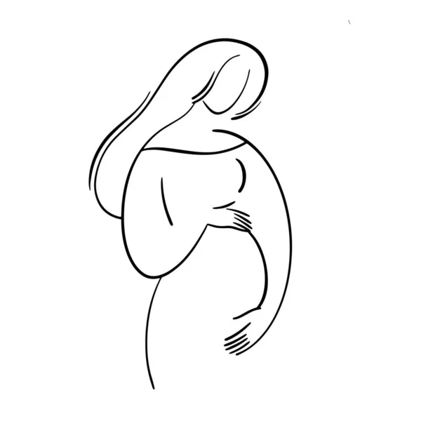 Kézzel rajzolt terhes nő hosszú hajjal, vonali portré kezekkel a hasán. Elegáns logó — Stock Vector