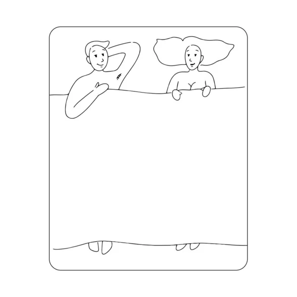 Desenho de linha. Um casal na cama. Homem e mulher nus sob o cobertor. — Vetor de Stock